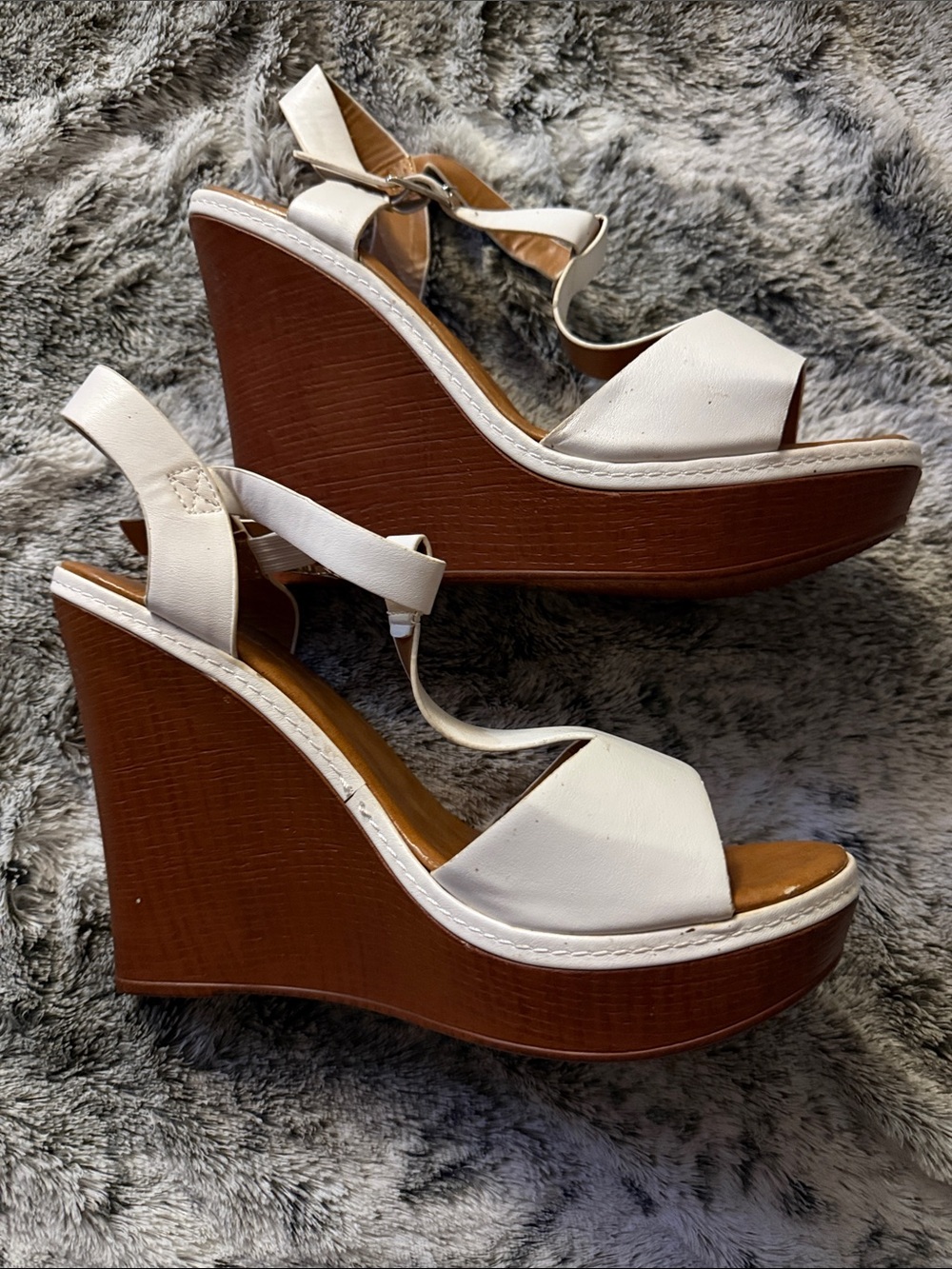 Bella Marie White Leather Wedge Sandals with Brown Platform